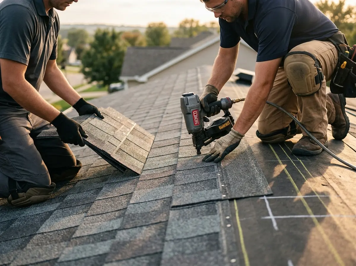 Professional roofer working on a residential roof in Steelton